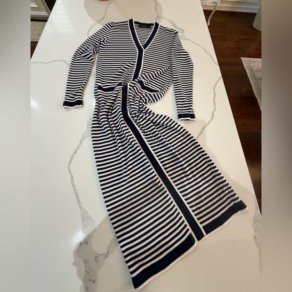 Ralph Lauren Navy and White Striped Midi Dress